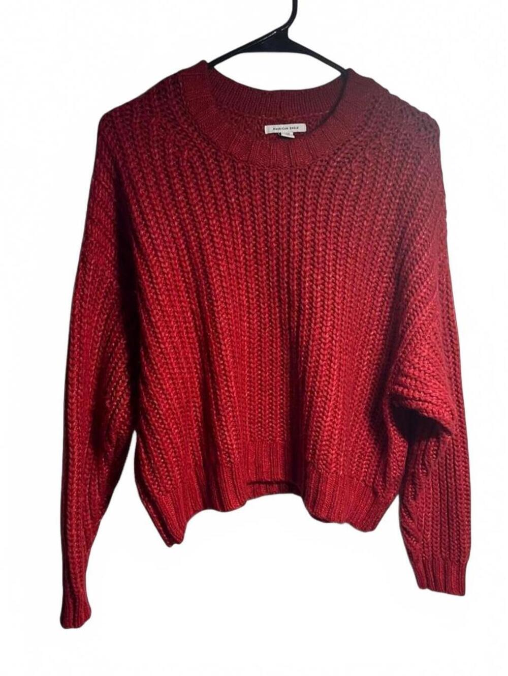 American Eagle Sweater Womens Medium Red Shaker Knit Crewneck Slouchy Pullover